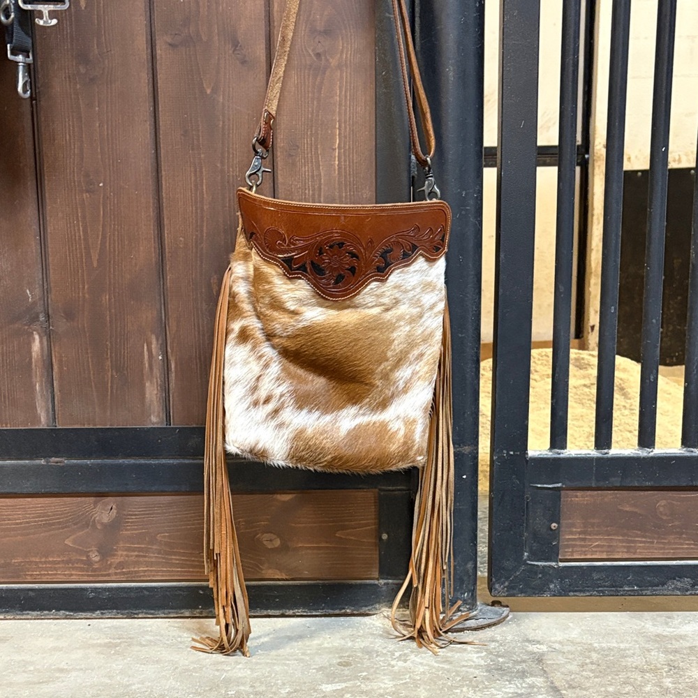 Brown and Tan Leather Fringe Bag